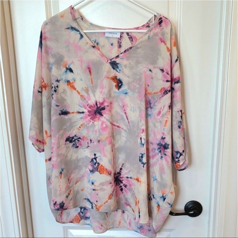 Adrienne Abstract Blouse Womens Size S Oversize Poncho Top Tie Dye Starburst